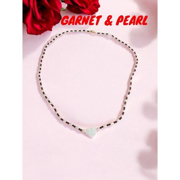 14K Gold Freshwater Pearl Mother Of Pearl Heart Wire Garnet Necklace 10.2" - Picture 2 of 8